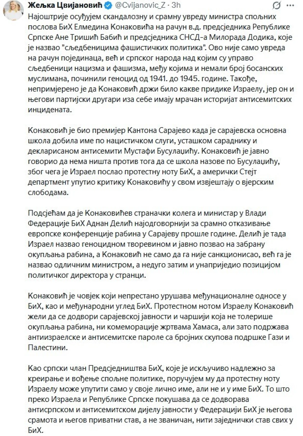 Objava Željke Cvijanović/Printscreen/