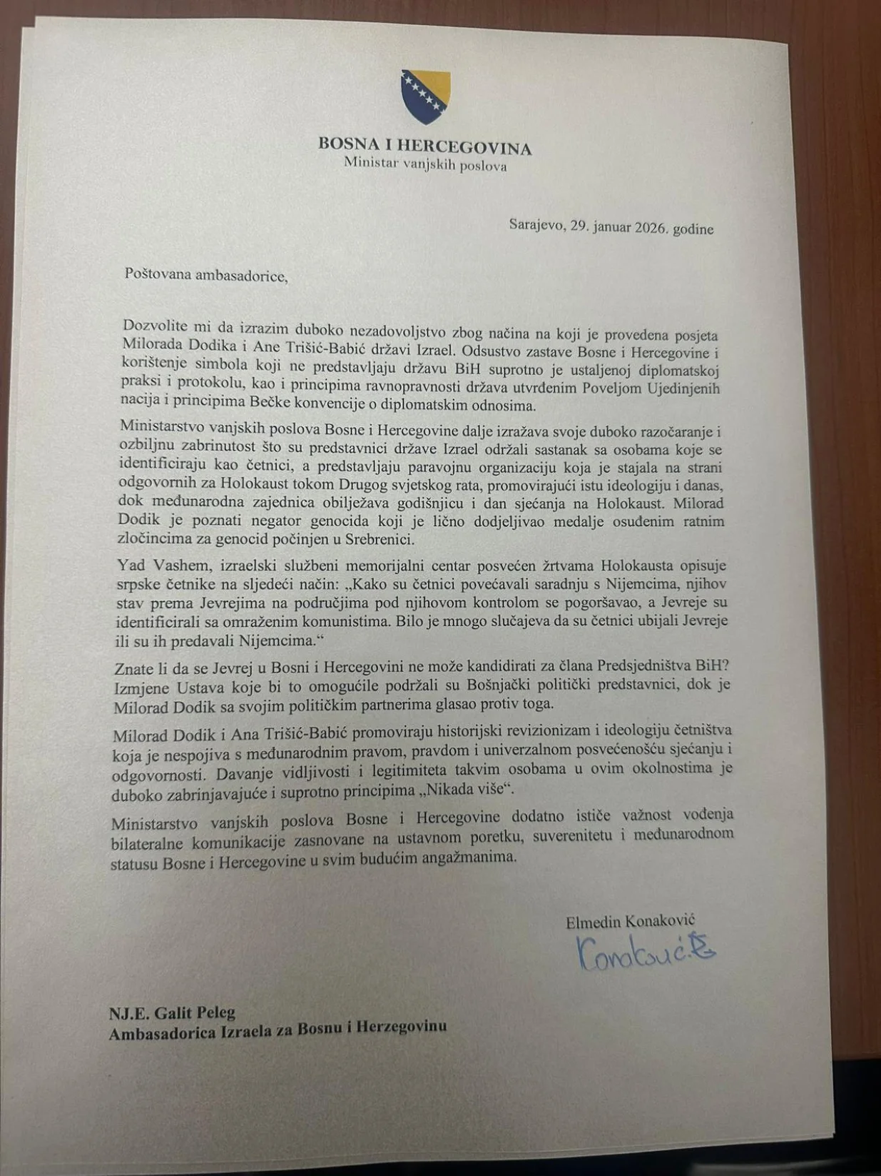 Pismo MVP BiH Izraelu/