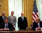 epa08646875 US President Donald J. Trump (R) participates in a signing ceremony and trilateral meeting with the President of the Republic of Serbia, Aleksandar Vucic (L), and the Prime Minister of the Republic of Kosovo, Avdullah Hoti (not pictured), at the White House, in Washington, DC, USA, on 04 September 2020. EPA/ANNA MONEYMAKER/POOL/Anna Moneymaker/Pool