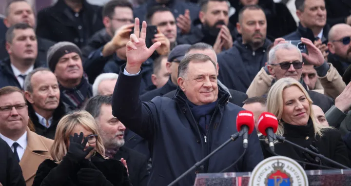 Former President of the Republic of Srpska, Milorad Dodik, gestures during a parade as Bosnian Serbs celebrate their autonomous region's statehood day with a parade of special forces and armoured vehicles in, Banja Luka, Bosnia and Herzegovina, January 9, 2026. REUTERS/Amel Emric/Amel Emric