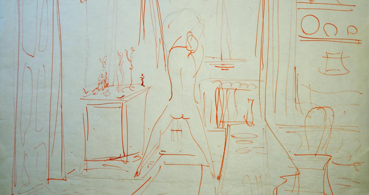 Akt u interijeru, crvena tinta/        