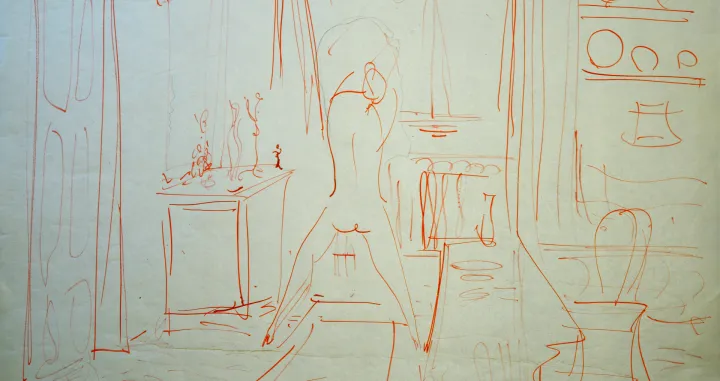 Akt u interijeru, crvena tinta/        