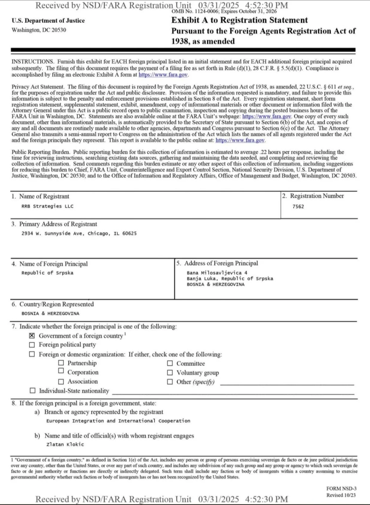 Lobistički ugovor RS-a/