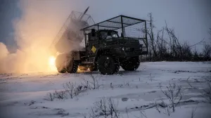 Servicemen of the 24th Separate Mechanized Brigade of the Ukrainian Armed Forces fire a BM-21 Grad multiple launch rocket system towards Russian troops, amid Russia's attack on Ukraine, near the frontline town of Chasiv Yar in Donetsk region, Ukraine January 24, 2026. Oleg Petrasiuk/Press Service of the 24th King Danylo Separate Mechanized Brigade of the Ukrainian Armed Forces/Handout via REUTERS ATTENTION EDITORS - THIS IMAGE HAS BEEN SUPPLIED BY A THIRD PARTY./Ukrainian Armed Forces