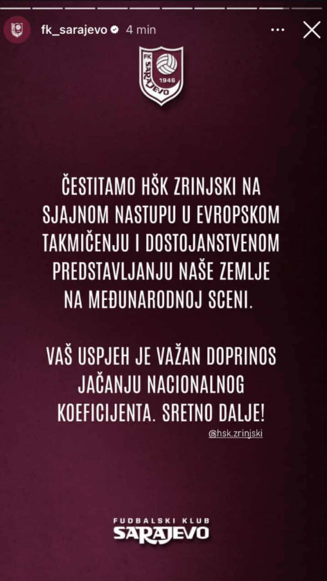 Sarajevo čestitka Zrinjskom/Foto: 