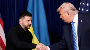 FILE PHOTO: U.S. President Donald Trump and Ukrainian President Volodymyr Zelenskiy shake hands during a press conference after their lunch meeting at Trump?s Mar-a-Lago club, in Palm Beach, Florida, U.S., December 28, 2025. REUTERS/Jonathan Ernst/File Photo/Jonathan Ernst