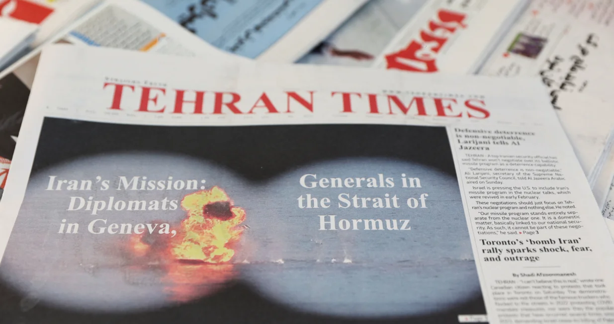An Iranian newspaper with a cover photo of Iran's military exercise, in Tehran, Iran, February 17, 2026. Majid Asgaripour/WANA (West Asia News Agency) via REUTERS ATTENTION EDITORS - THIS PICTURE WAS PROVIDED BY A THIRD PARTY/Majid Asgaripour