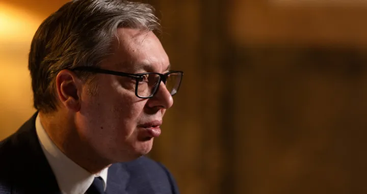 Serbian President Aleksandar Vucic speaks during an interview with Reuters in Belgrade, Serbia, February 4, 2026. REUTERS/Djordje Kojadinovic/Djordje Kojadinovic