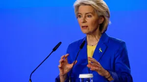 European Commission President Ursula von der Leyen speaks during a press conference with Ukraine's President Volodymyr Zelenskiy (not pictured) and European Council President Antonio Costa (not pictured) on the fourth anniversary of Russia's full-scale invasion of Ukraine, in Kyiv, Ukraine, February 24, 2026. REUTERS/Valentyn Ogirenko/Valentyn Ogirenko