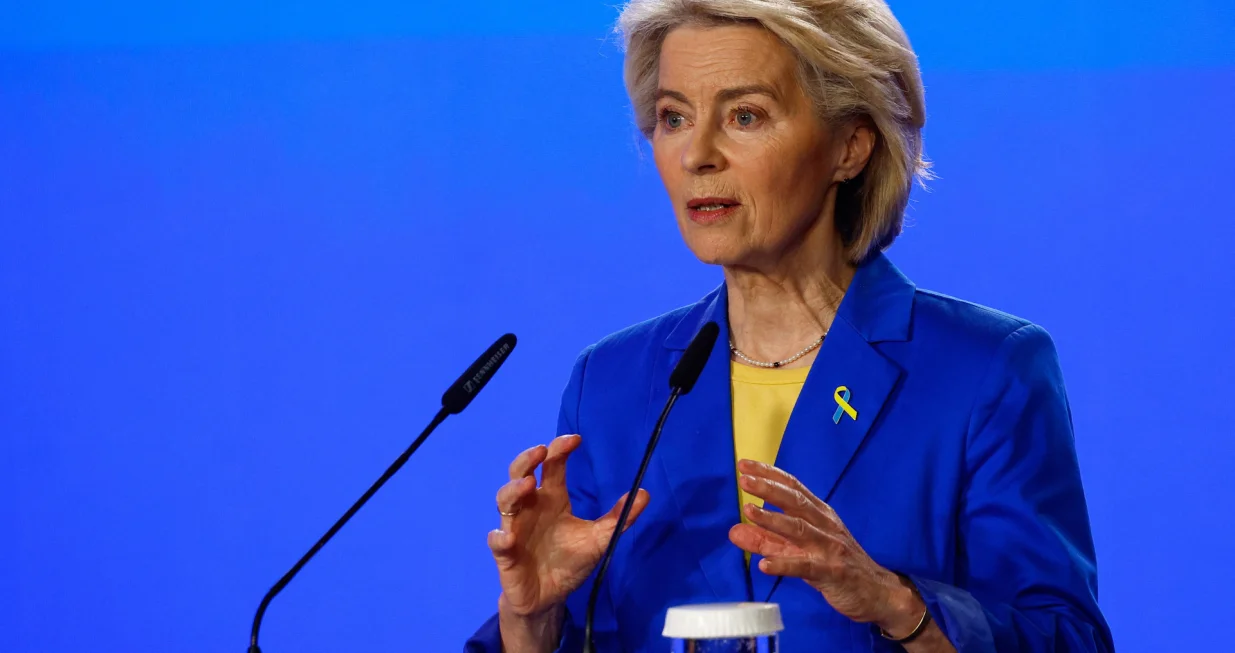 European Commission President Ursula von der Leyen speaks during a press conference with Ukraine's President Volodymyr Zelenskiy (not pictured) and European Council President Antonio Costa (not pictured) on the fourth anniversary of Russia's full-scale invasion of Ukraine, in Kyiv, Ukraine, February 24, 2026. REUTERS/Valentyn Ogirenko/Valentyn Ogirenko