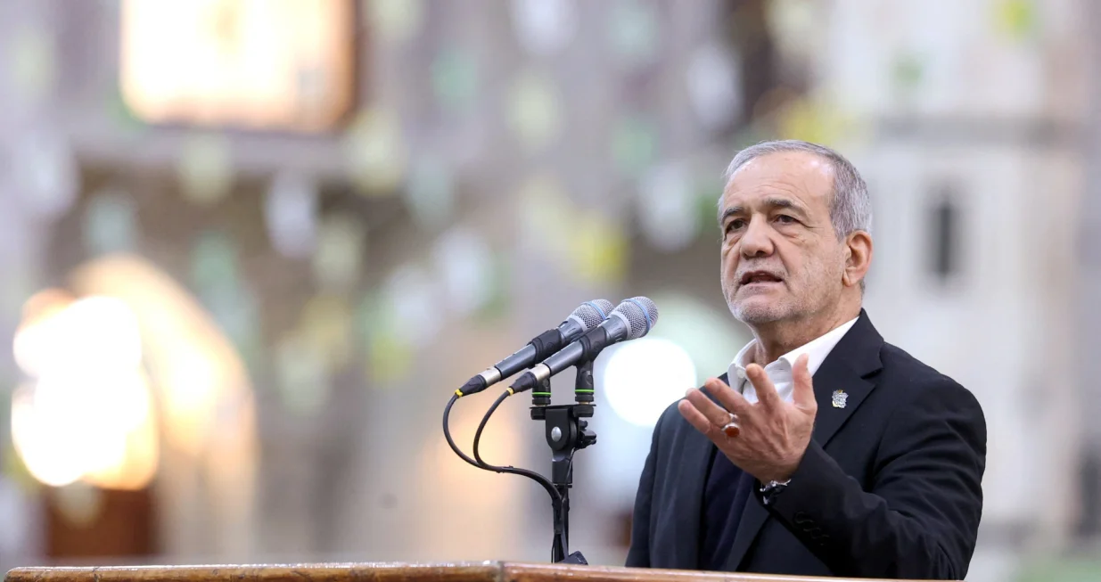 Iranian President Masoud Pezeshkian speaks during a visit to the shrine of the leader of Iran's 1979 Islamic Revolution, Ayatollah Ruhollah Khomeini, in southern Tehran, Iran, January 31, 2026. Iran's Presidential website/WANA (West Asia News Agency)/Handout via REUTERS ATTENTION EDITORS - THIS PICTURE WAS PROVIDED BY A THIRD PARTY./Aboutaleb Nadri/iran's President