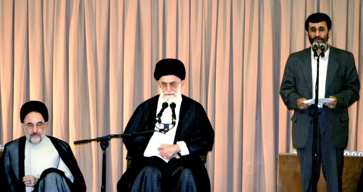 FILE PHOTO: Iran's Supreme Leader Ayatollah Ali Khamenei and former president Mohammad Khatami listen to a speech by President Mahmoud Ahmadinejad after his confirmation as Iran's President in Tehran August 3, 2005. REUTERS/Raheb Homavandi/File Photo/Raheb Homavandi