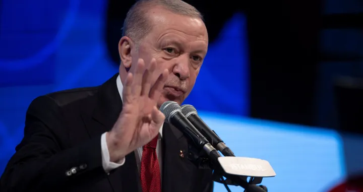 Turkish President Tayyip Erdogan delivers a speech during the opening ceremony of male and female dormitories at Bogazici University, in Istanbul, Turkey, February 13, 2026. REUTERS/Umit Bektas/Umit Bektas