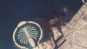 A satellite image of Jebel Ali Port, after one of the berths caught fire because of debris from an intercepted missile, in Dubai, United Arab Emirates, March 1, 2026. 2026 Planet Labs PBC/Handout via REUTERS THIS IMAGE HAS BEEN SUPPLIED BY A THIRD PARTY. MANDATORY CREDIT/2026 Planet Labs Pbc
