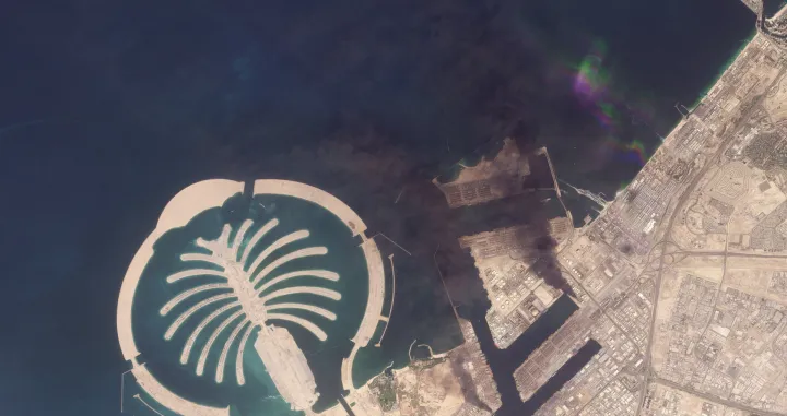 A satellite image of Jebel Ali Port, after one of the berths caught fire because of debris from an intercepted missile, in Dubai, United Arab Emirates, March 1, 2026. 2026 Planet Labs PBC/Handout via REUTERS THIS IMAGE HAS BEEN SUPPLIED BY A THIRD PARTY. MANDATORY CREDIT/2026 Planet Labs Pbc