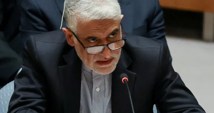 FILE PHOTO: Iran's Ambassador to the United Nations, Amir-Saeid Iravani attends a United Nations Security Council meeting, after the U.S. and Israel launched strikes on Iran, at U.N. headquarters in New York City, U.S. February 28, 2026. REUTERS/Heather Khalifa/File Photo/Heather Khalifa