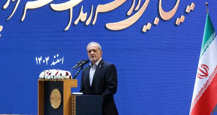 FILE PHOTO: Iranian President Masoud Pezeshkian speaks during a meeting in Tehran, Iran, February 21, 2026. Iran's Presidential website/WANA (West Asia News Agency)/Handout via REUTERS/File Photo/Iran's Presidential Website/wana