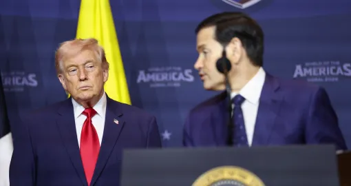 U.S. Secretary of State Marco Rubio speaks next to U.S. President Donald Trump during the "Shield of the Americas" Summit in Miami, Florida, U.S., March 7, 2026. REUTERS/Kevin Lamarque/Kevin Lamarque