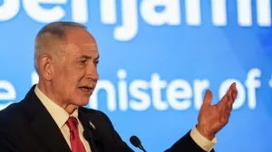 Israeli Prime Minister Benjamin Netanyahu gestures as he speaks during the Conference of Presidents of Major American Jewish Organisations, in Jerusalem, February 15, 2026. REUTERS/Ronen Zvulun/Ronen Zvulun