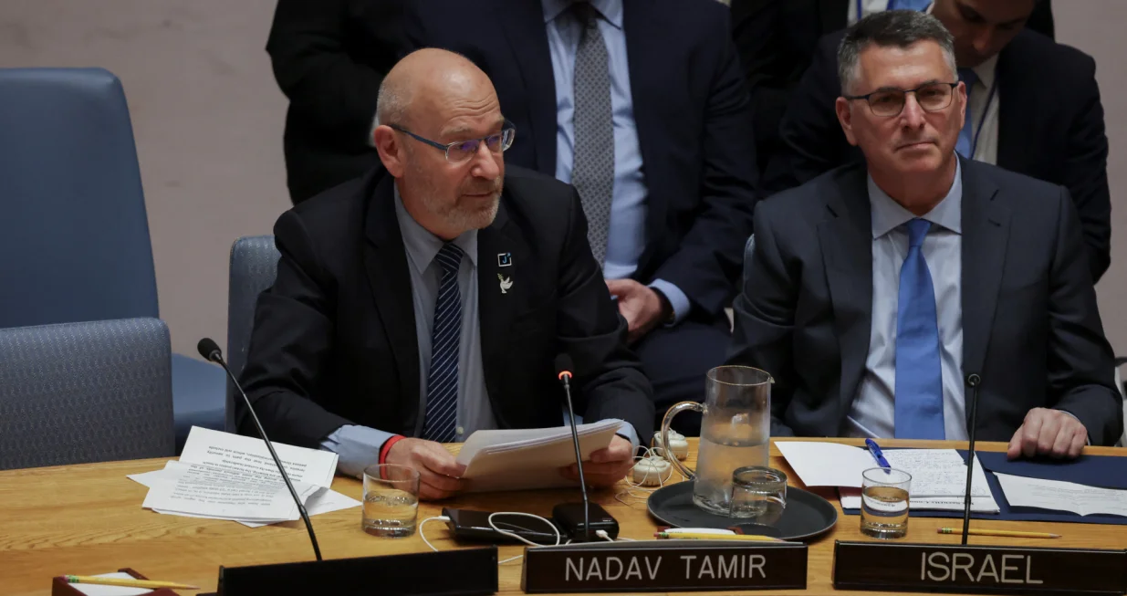 Israeli Foreign Minister Gideon Sa'ar and Executive Director of J Street Israel, Nadav Tamir, who addressed the Council as a Zionist and member of United for a Shared Future, attend the Security Council meeting on the Middle East, at U.N. headquarters in New York City, U.S., February 18, 2026. REUTERS/Jeenah Moon/Jeenah Moon