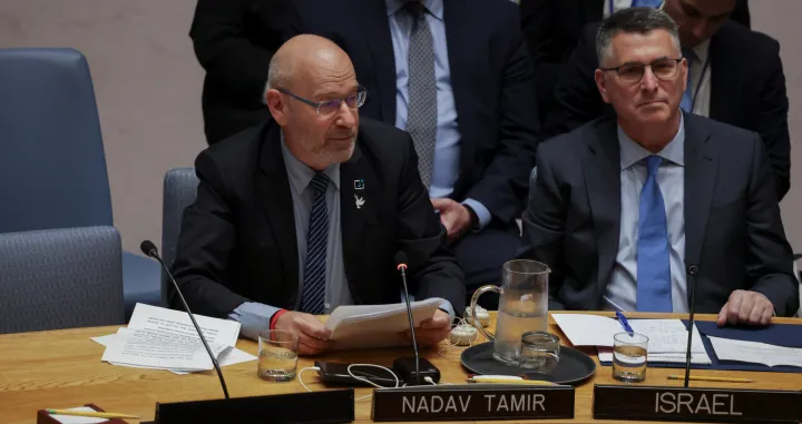 Israeli Foreign Minister Gideon Sa'ar and Executive Director of J Street Israel, Nadav Tamir, who addressed the Council as a Zionist and member of United for a Shared Future, attend the Security Council meeting on the Middle East, at U.N. headquarters in New York City, U.S., February 18, 2026. REUTERS/Jeenah Moon/Jeenah Moon