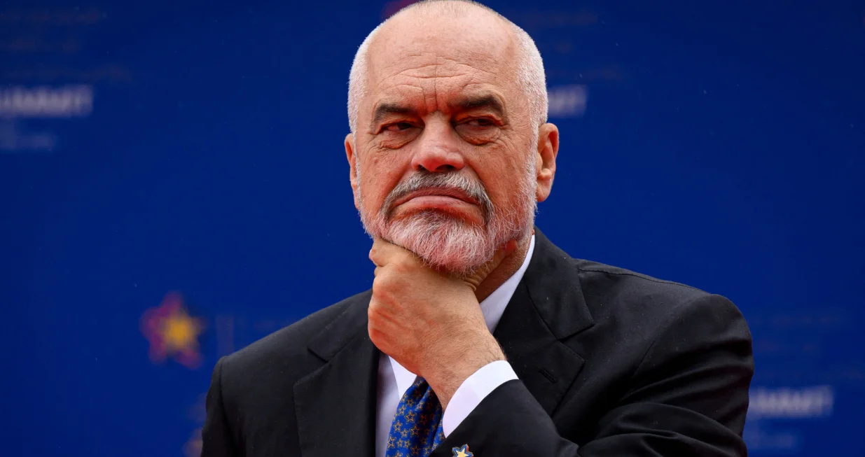 FILE PHOTO: Albanian Prime Minister Edi Rama awaits the first arrivals at the beginning of the EPC Summit in Tirana, Albania May 16, 2025.  Leon Neal/Pool via REUTERS/File Photo/Leon Neal