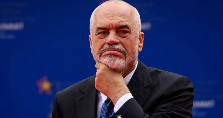 FILE PHOTO: Albanian Prime Minister Edi Rama awaits the first arrivals at the beginning of the EPC Summit in Tirana, Albania May 16, 2025.  Leon Neal/Pool via REUTERS/File Photo/Leon Neal