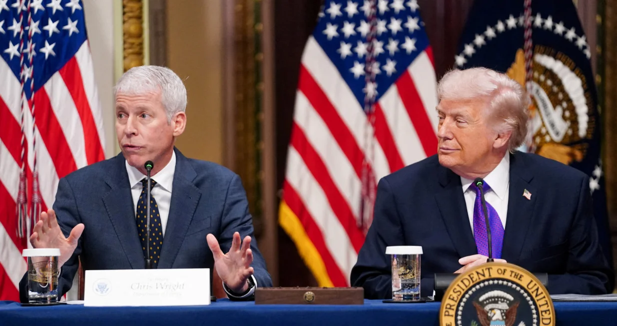 FILE PHOTO: U.S. President Donald Trump and Secretary of Energy Chris Wright attend a roundtable on the Ratepayer Protection Pledge in the Indian Treaty Room in the Eisenhower Executive Office Building on the White House campus in Washington, D.C., U.S., March 4, 2026. REUTERS/Nathan Howard/File Photo/Nathan Howard