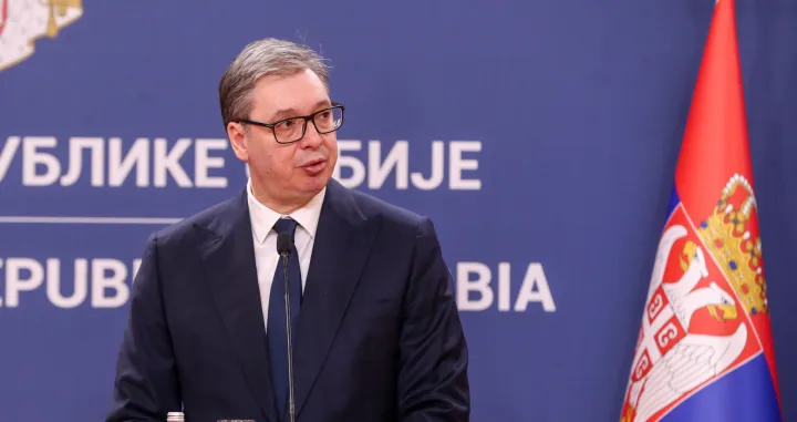 BEOGRAD, SRBIJA - 21. decembar 2025: Predsjednik Srbije Aleksandar Vučić primio je predsjednika Slovačke Republike Petera Pelegrinija - konferencija za medije (Filip Stevanovic - Anadolu Agency)/
