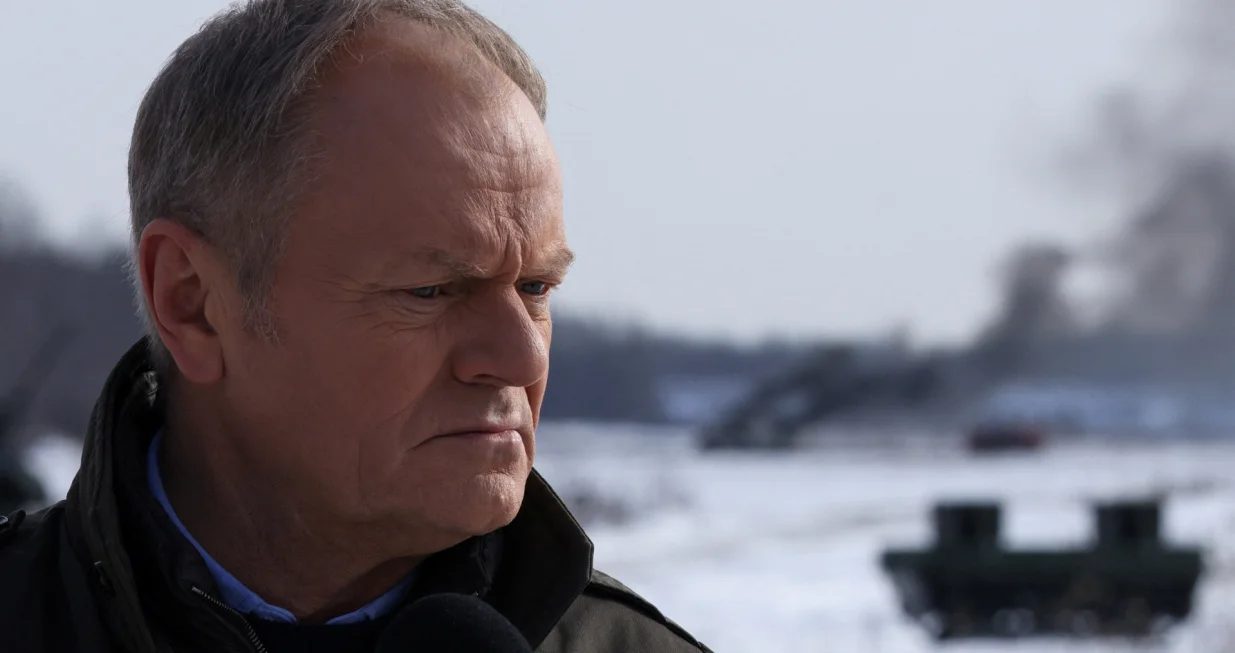 Polish Prime Minister Donald Tusk attends a press conference after watching an open test of unmanned weapon systems conducted by the Polish Armaments Group at the Military Institute of Armament Technology training ground, in Zielonka, Poland, February 19, 2026. REUTERS/Kuba Stezycki/Kuba Stezycki