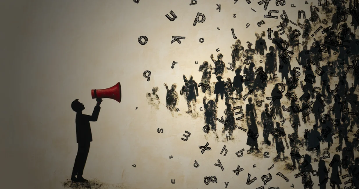 Vizual za kolumnu, ljudi, megafon, mi&scaron;ljenje, slova, vođa/Benjamin Krnić