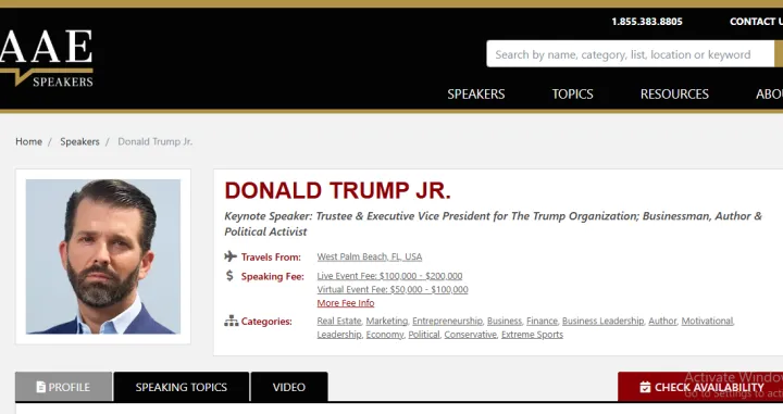 Cjenovnik govora i posjeta Donalda Trumpa Jr./Print Screen