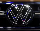 epa09144551 A glowing Volkswagen logo is seen on their electric car displayed in the Volkswagen booth during a media preview of the Auto Shanghai 2021 motor show in Shanghai, China, 19 April 2021. The 19th Shanghai international automobile industry exhibition runs from 24 to 28 April. EPA/Alex Plavevski/Alex Plavevski