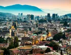Sarajevo, Bosnia and Herzegovina - August 29 2019 Sunset view of Sarajevo historical downtown from most popular panoramic spot Yellow Fortress (Zuta Tabija), Vratnik/